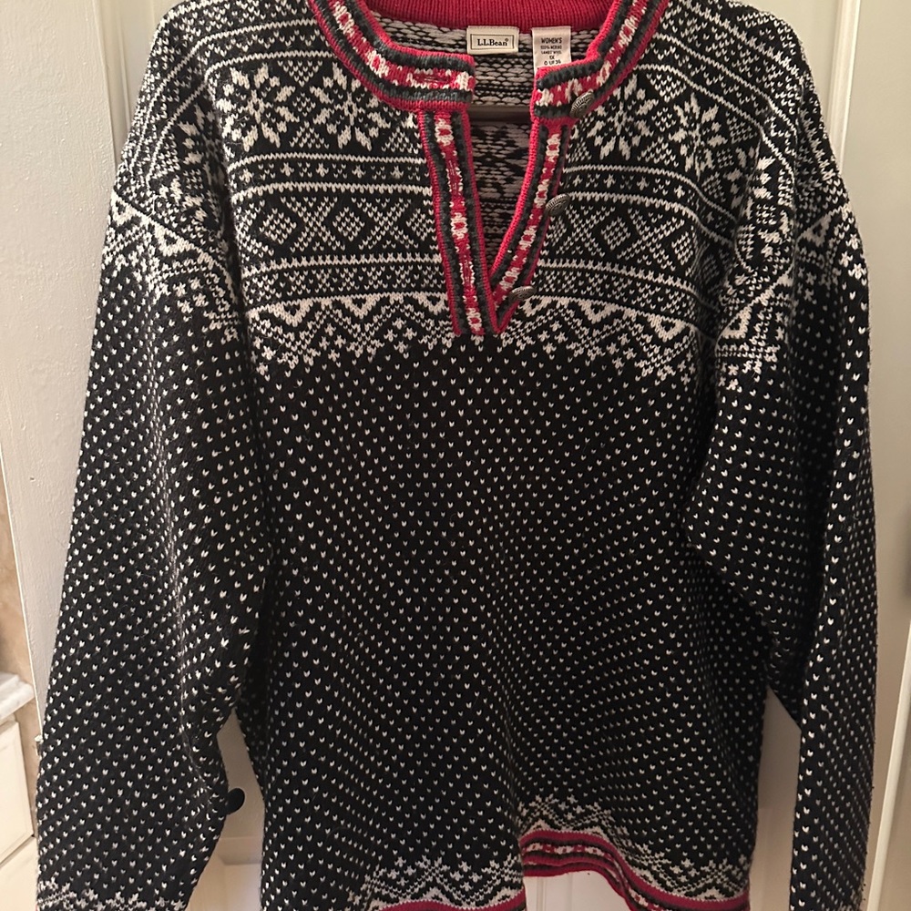 L.L. Bean Nordic 100% Merino Wool Sweater with Pewter-Look Buttons